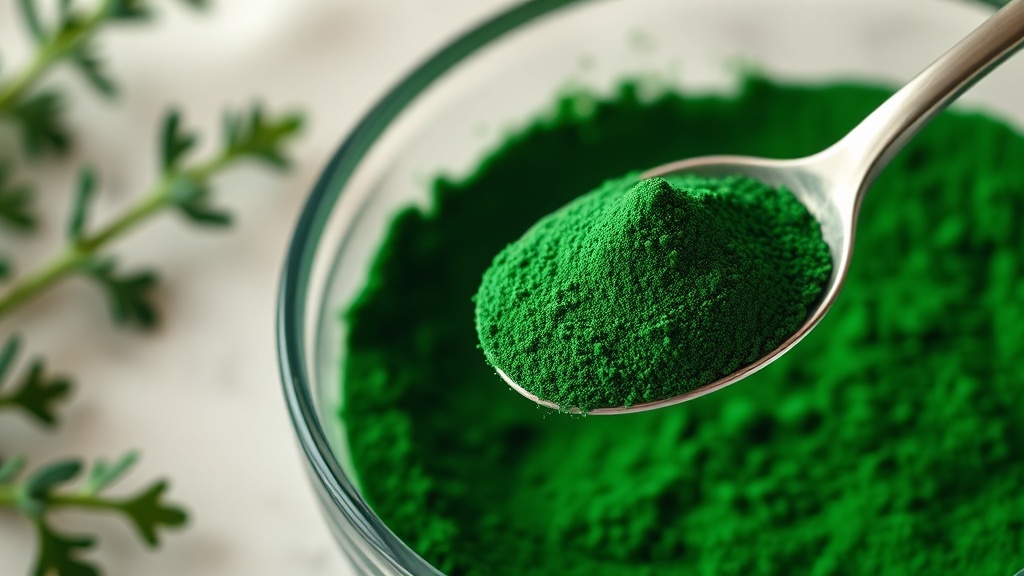 Close-up of spirulina powder in a glass bowl with a spoon, highlighting its dark green colour and fine texture.